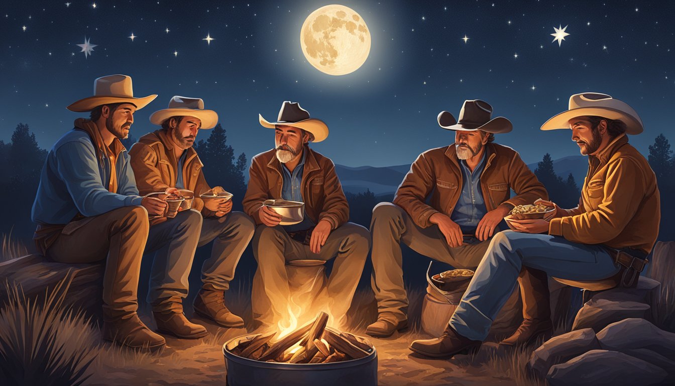 A group of Texas cowboys gathered around a campfire, enjoying hearty bowls of chili under the starry night sky