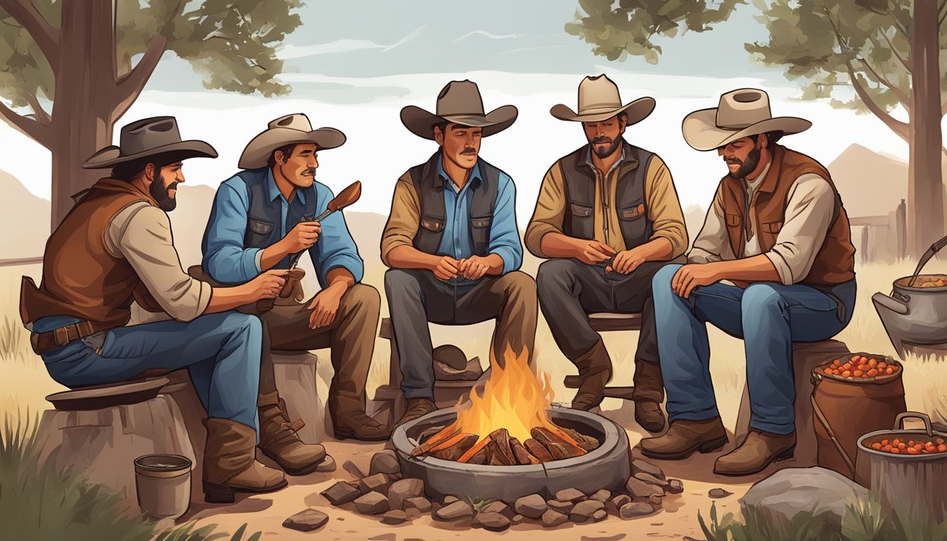 A group of Texas cowboys gathering around a campfire, cooking a hearty pot of chili with beef, beans, tomatoes, and a mix of spicy seasonings