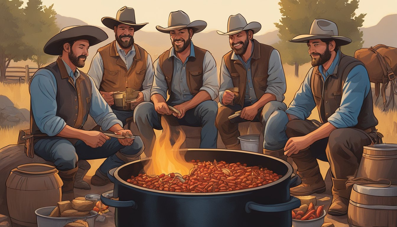 A group of Texas cowboys gathered around a campfire, cooking a large pot of chili in a cast iron pot. Ingredients like beef, beans, and spicy peppers are being added to the bubbling mixture