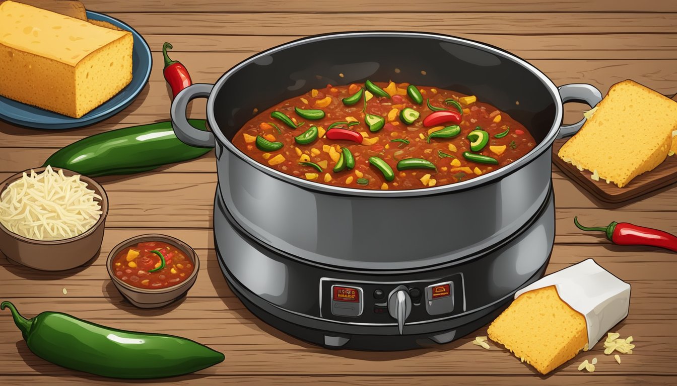 A steaming pot of chili surrounded by cornbread, jalapenos, and shredded cheese on a rustic wooden table