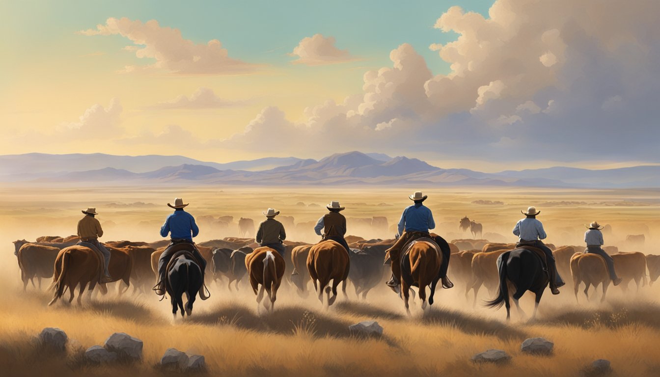 A group of Texas cowboys herding cattle across a vast open plain under a big, open sky