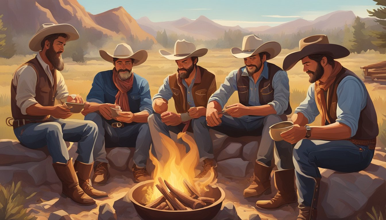 A group of Texas cowboys gather around a campfire, eagerly digging into bowls of steaming chili. The aroma of spicy meat and beans fills the air as they enjoy their hearty meal