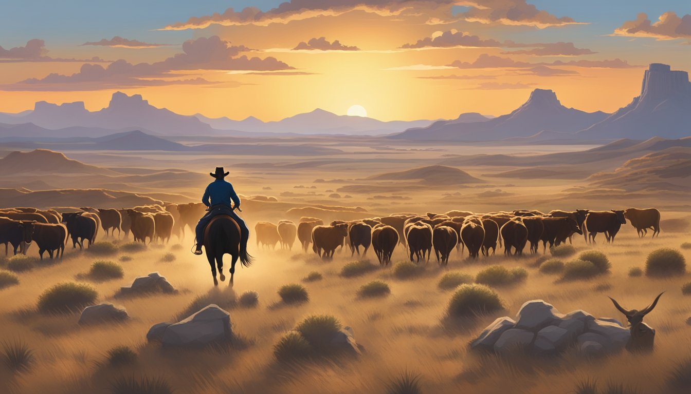 A lone cowboy riding across the vast Texas plains at sunset, surrounded by rugged terrain and a herd of cattle