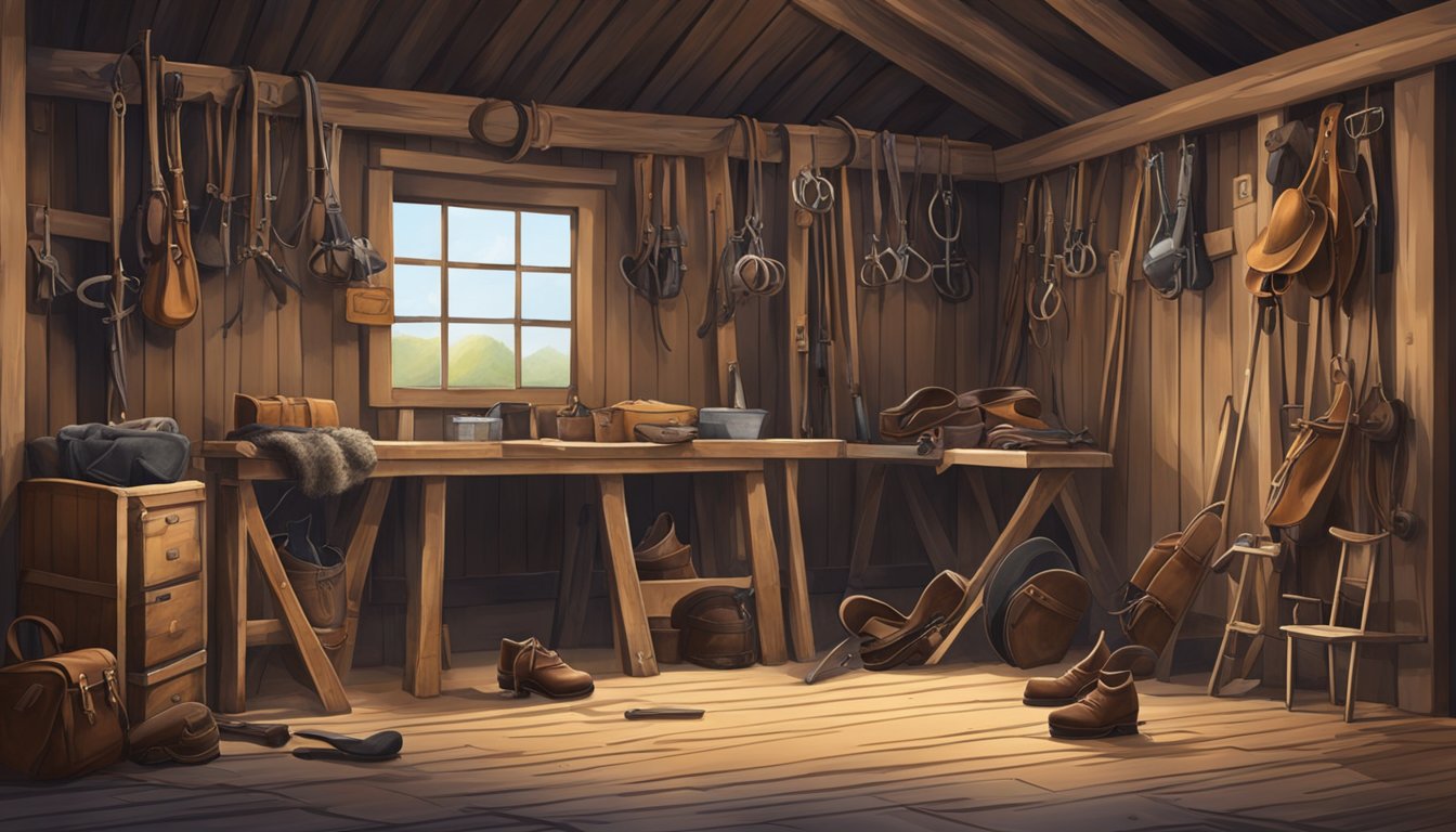 A rustic barn with saddles, bridles, and grooming tools hanging on the walls. A worn-out tack and gear scattered on the floor