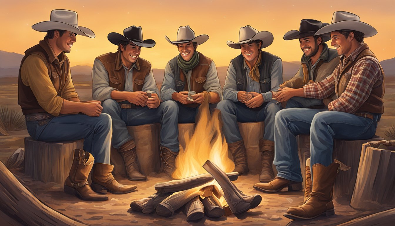 A group of Texas cowboys gather around a campfire, adorned with cowboy hats and boots, as they celebrate Christmas with a Western flair