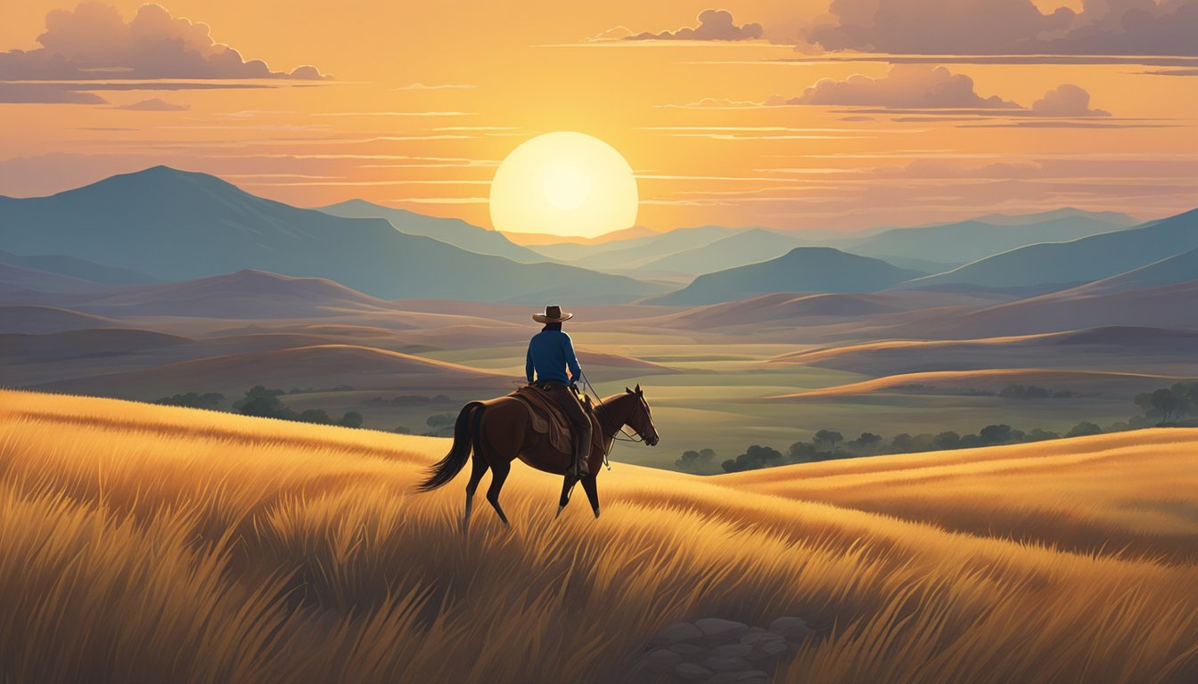 A lone cowboy riding through the open plains, with a backdrop of rolling hills and a setting sun