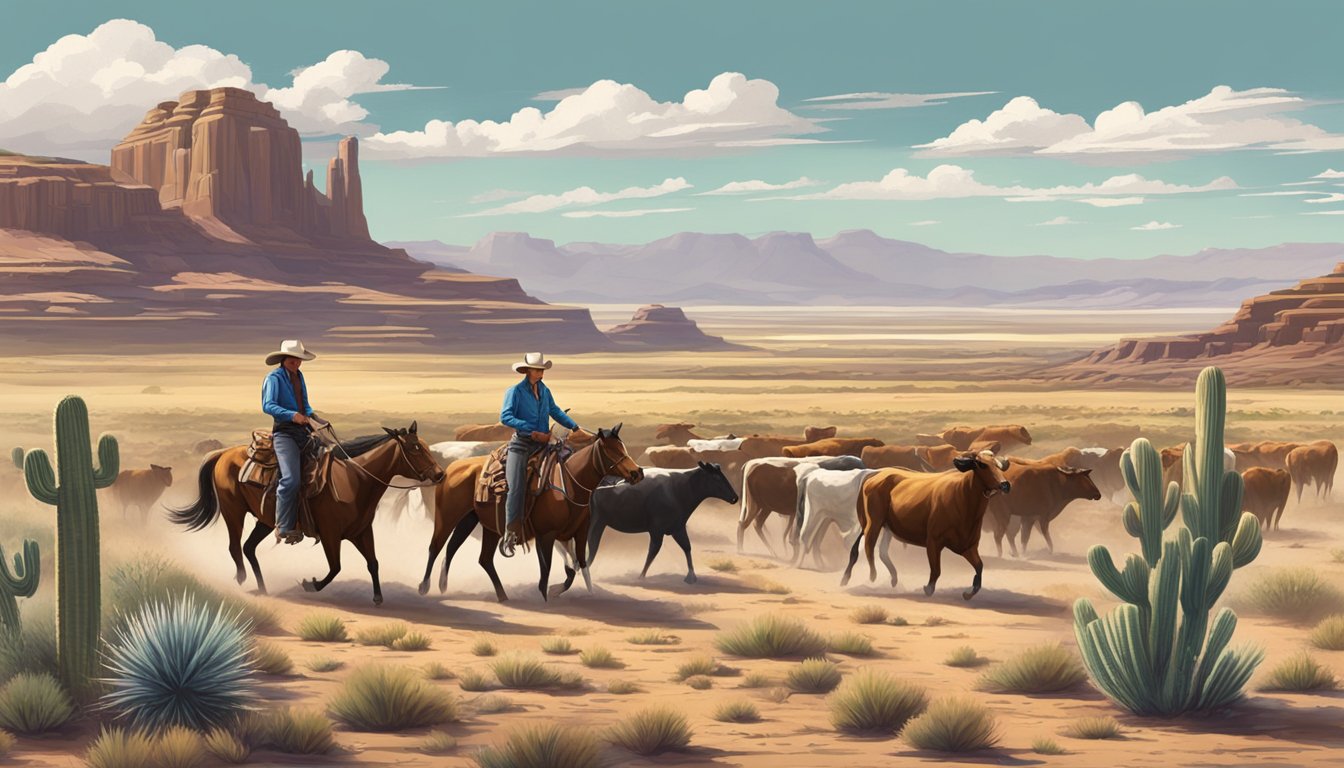 A lone cowboy rides across the vast Texas plains, herding cattle under the big open sky, surrounded by rugged mesas and cacti