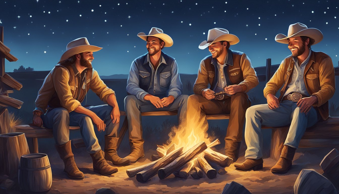 Cowboys gathered around a crackling bonfire, laughing and playing music under the starry Texas sky