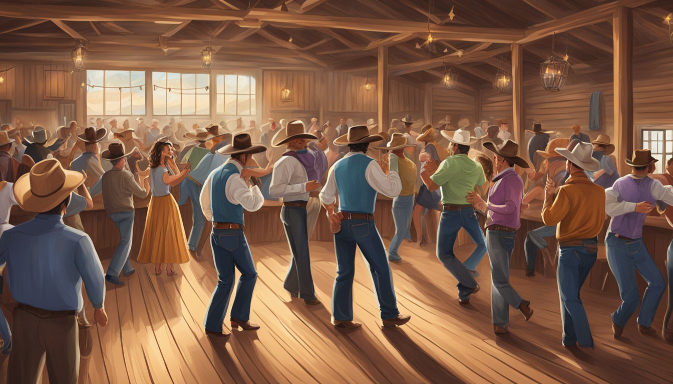 A lively Texas cowboy dance hall with a live band playing country and western swing music, while people line dance in pairs and groups