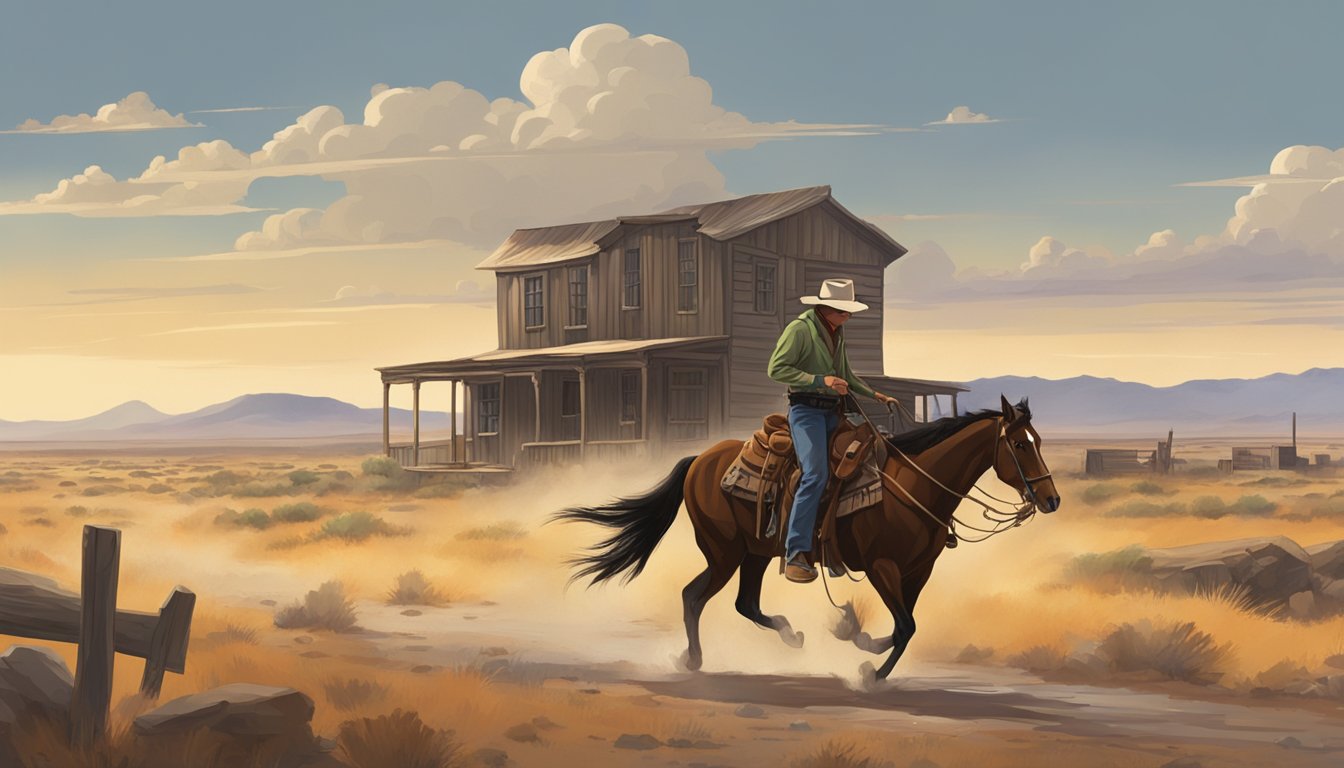 A lone cowboy rides through a vast Texas landscape, passing by a mix of historical and modern structures