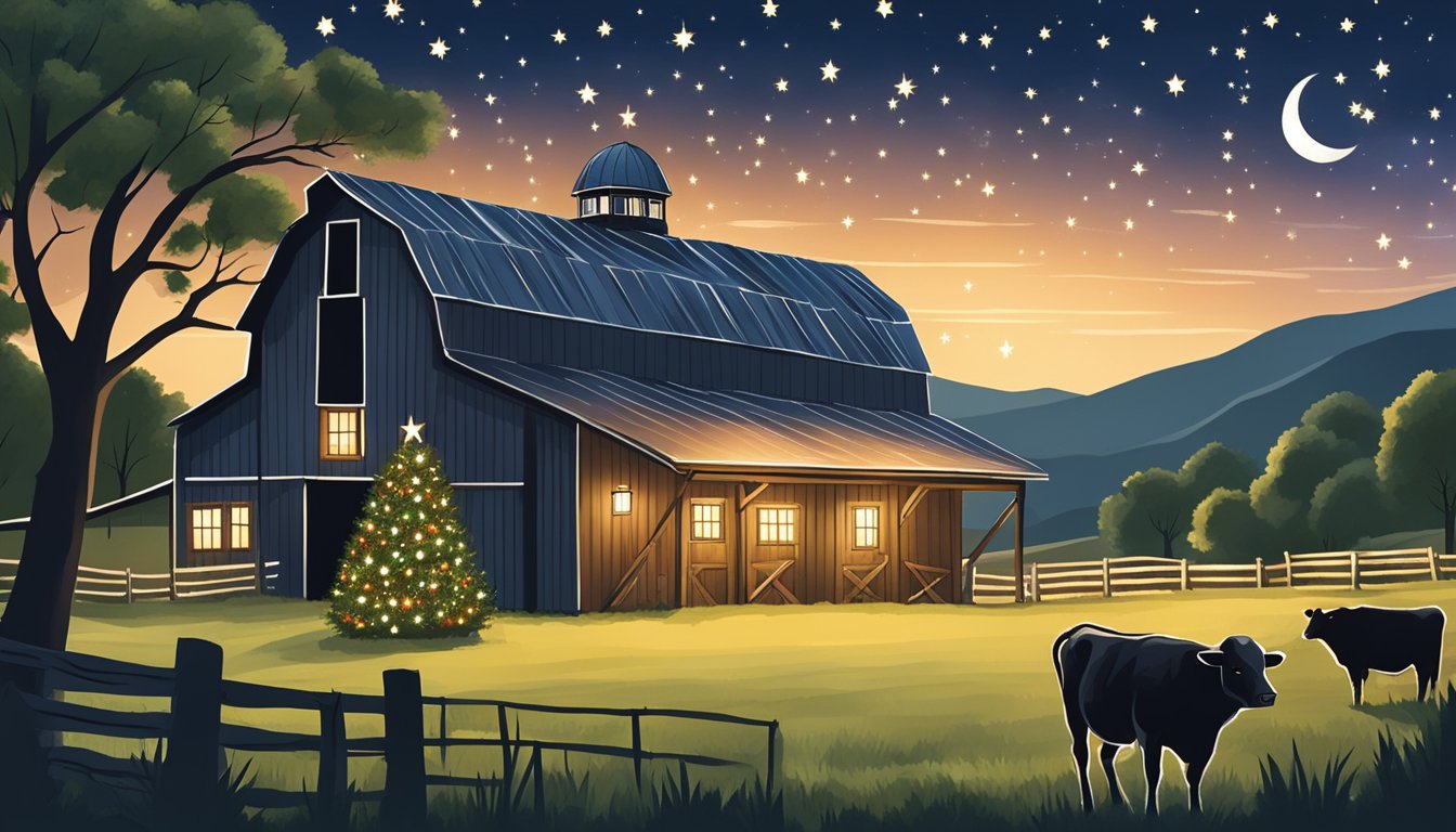 A rustic barn adorned with festive lights and wreaths, surrounded by rolling hills and grazing cattle under the starry Texas sky