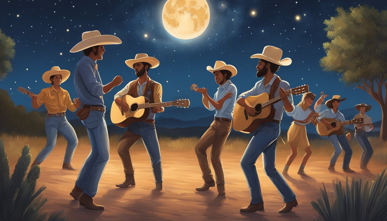 A lone cowboy strums his guitar under a starry Texas sky, as a group of dancers twirl and stomp to the lively music