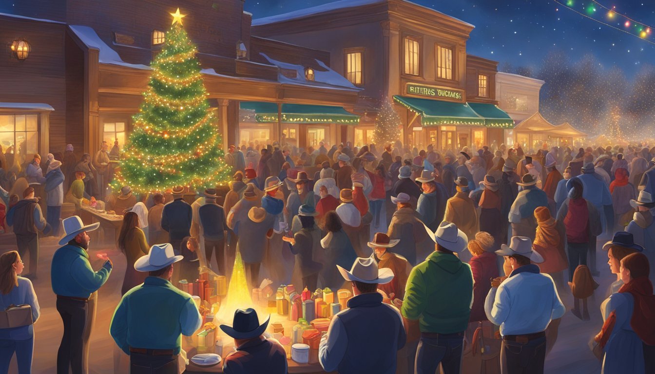 A festive Christmas scene at the Texas Cowboys Christmas event, with colorful lights, a large Christmas tree, and people enjoying the holiday festivities