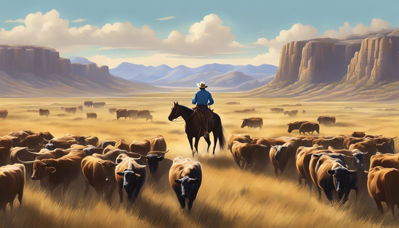 A lone cowboy herding cattle across the vast Texas plains, with a backdrop of rugged terrain and a big open sky