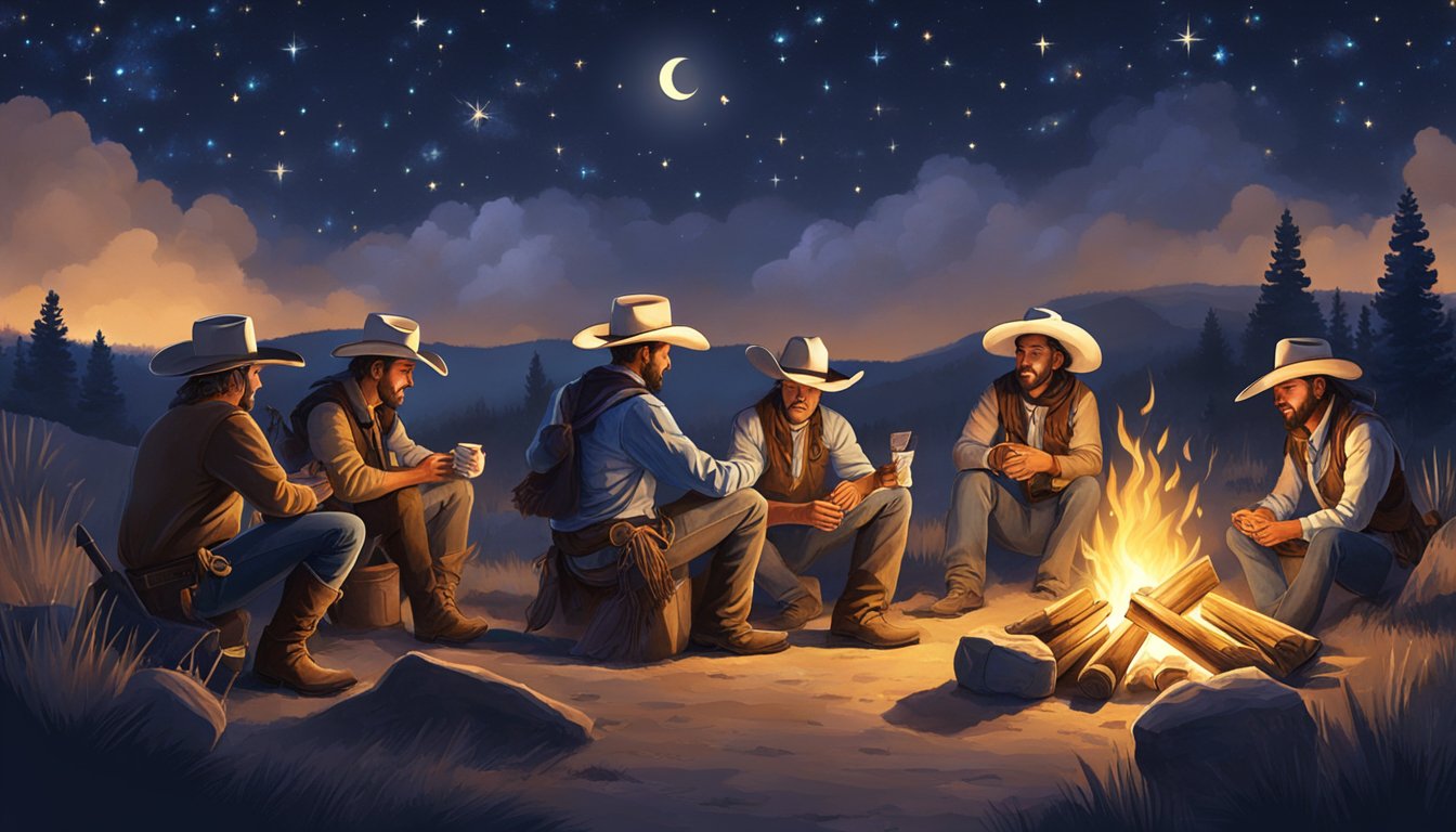 A group of Texas cowboys gather around a campfire, exchanging gifts and sharing stories under the starry night sky