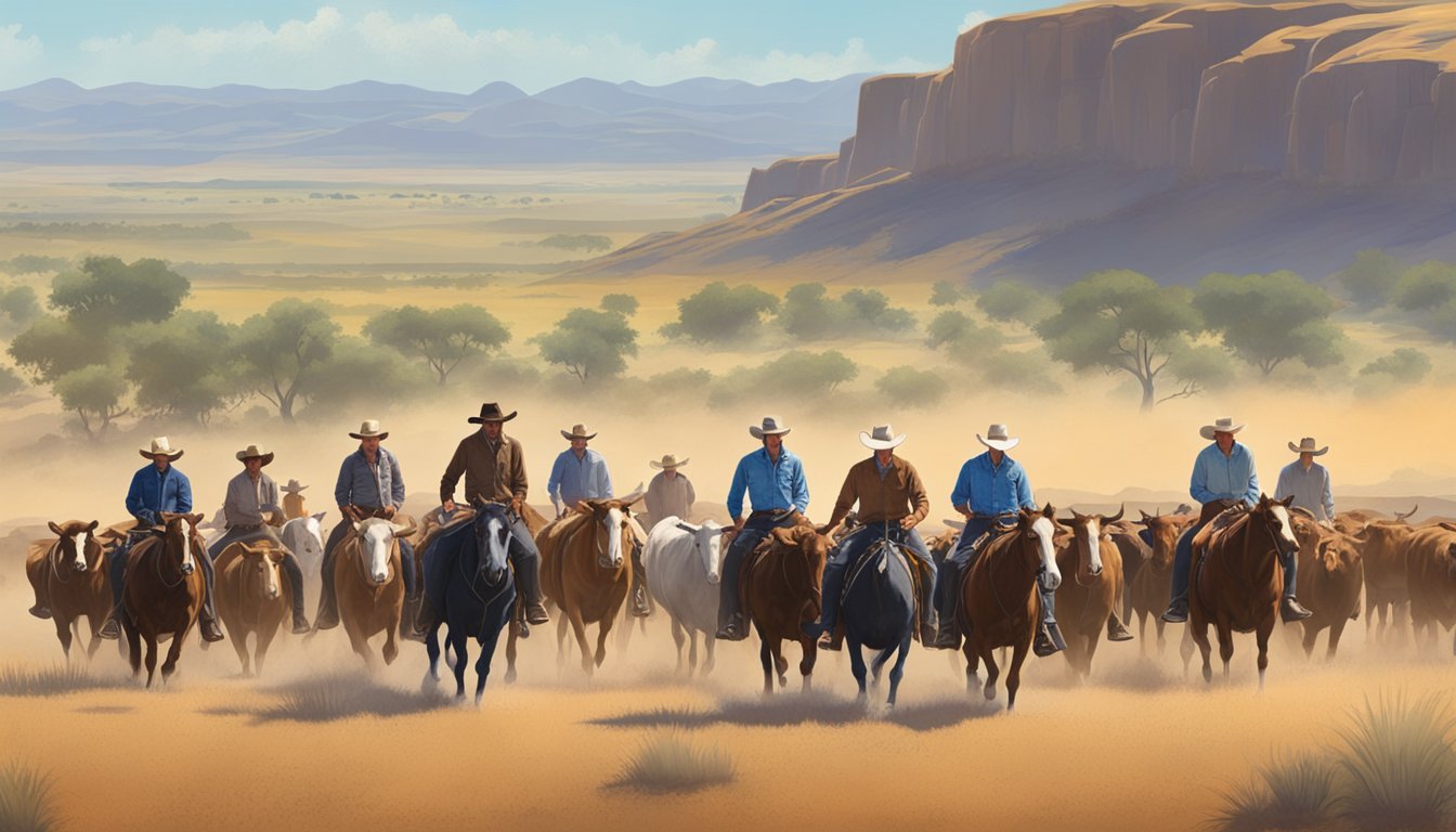 A group of cowboys herding cattle on a dusty Texas ranch, with a backdrop of rolling hills and a clear blue sky