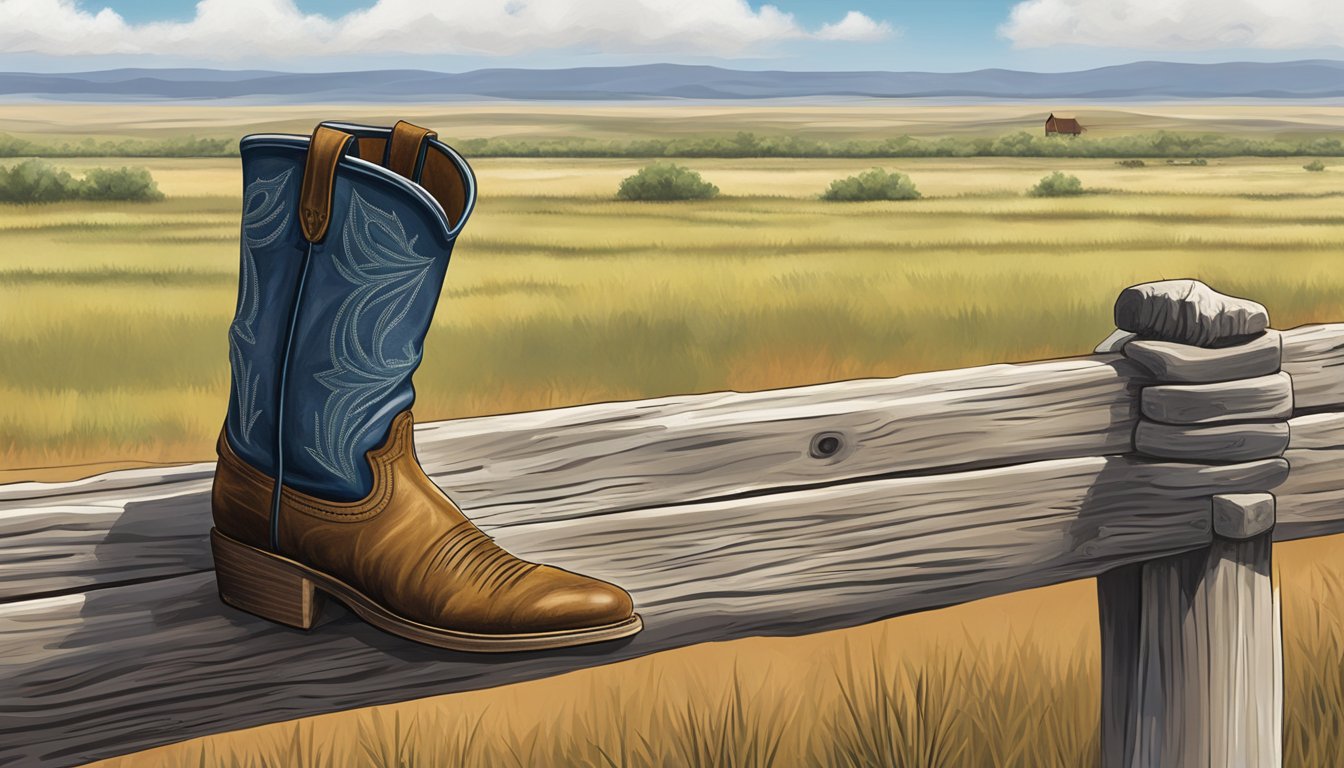 A lone cowboy boot sits atop a weathered wooden fence, surrounded by the vast expanse of the Texas prairie