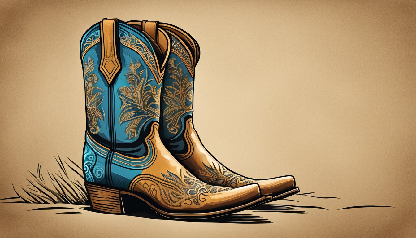 A lone cowboy boot stands on a dusty trail, adorned with intricate stitching and bold colors, symbolizing the rich cultural history and individuality of Texas