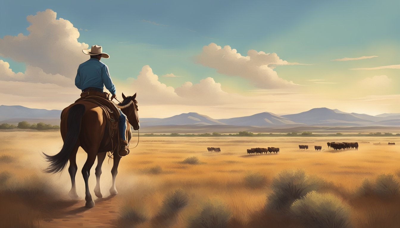 A lone cowboy rides across the open plains, herding cattle under the big Texas sky