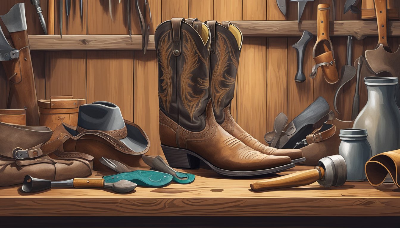 A bootmaker meticulously crafts a custom Texas cowboy boot, surrounded by tools and materials in a rustic workshop