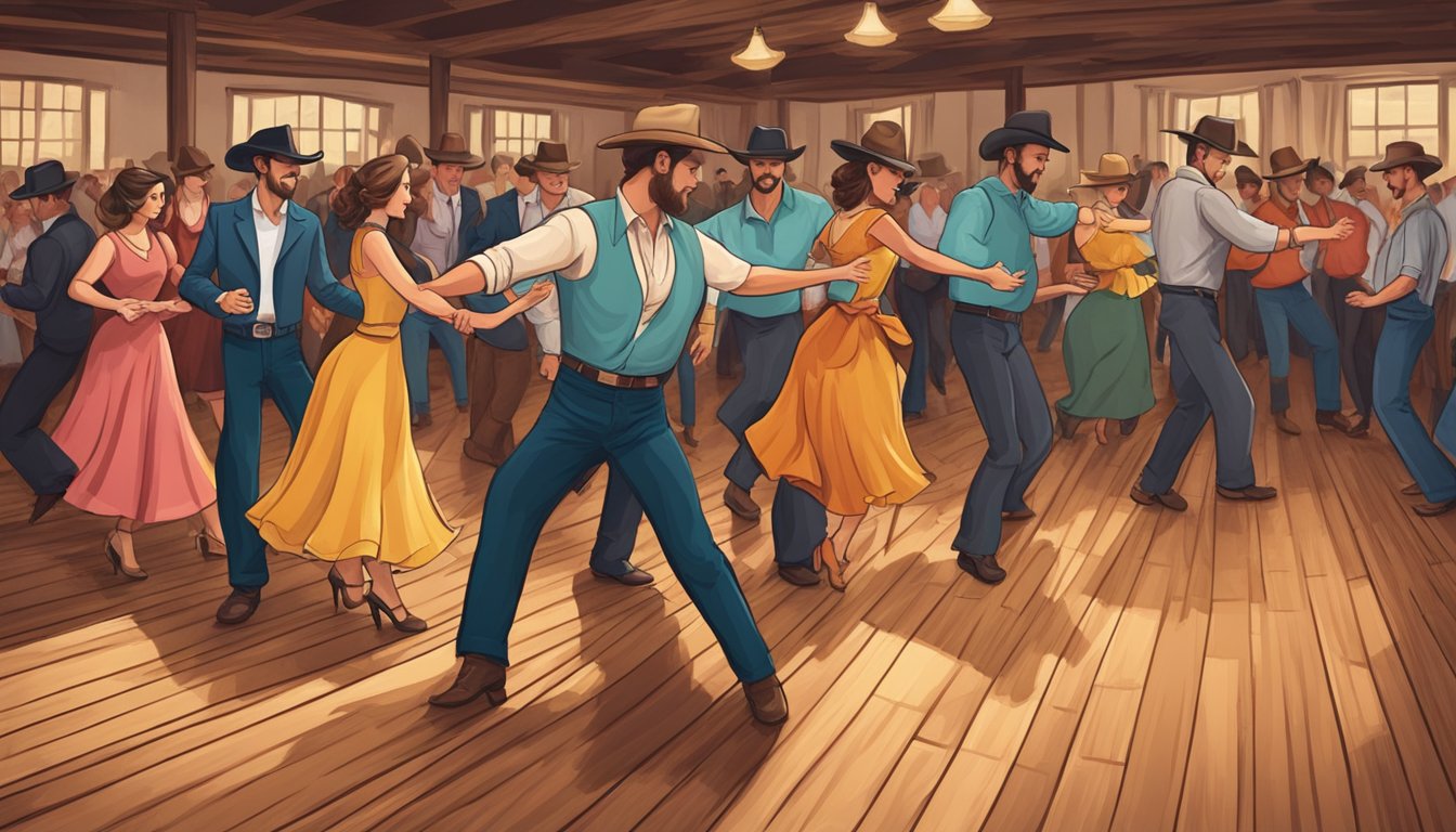 A lively western swing dance hall with a live band, cowboy hats, and couples two-stepping on a wooden dance floor