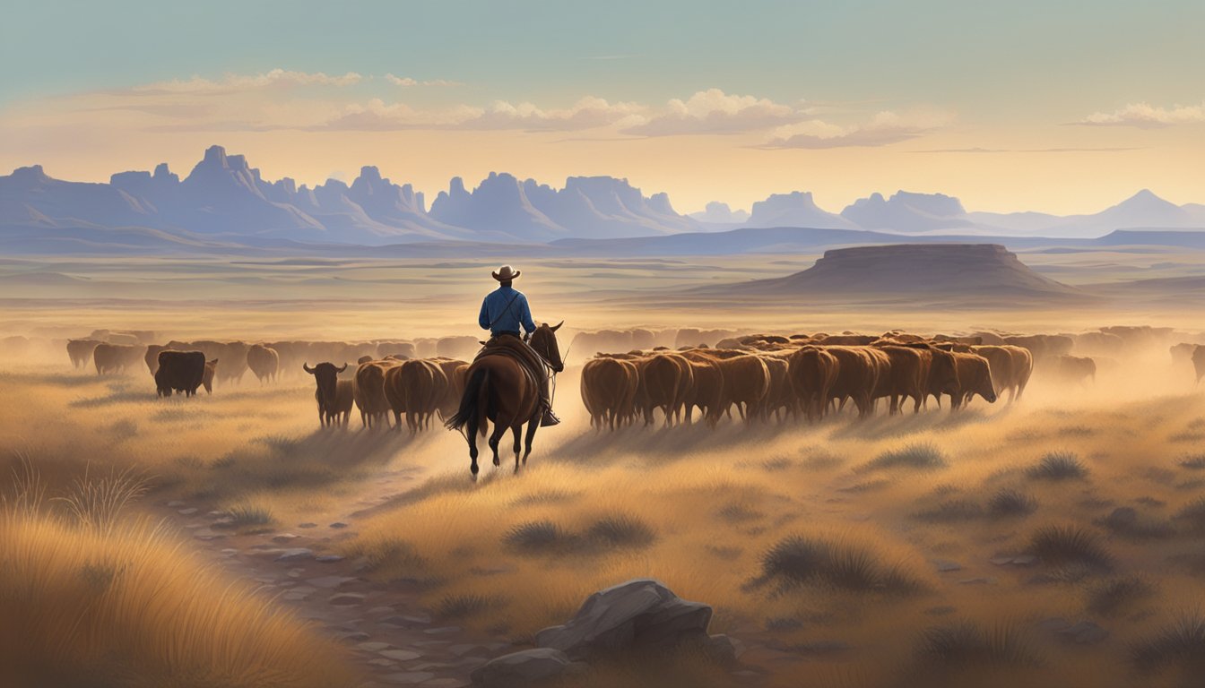 A lone cowboy rides through the vast Texas prairie, with a herd of cattle in the distance and a rugged landscape stretching out before him