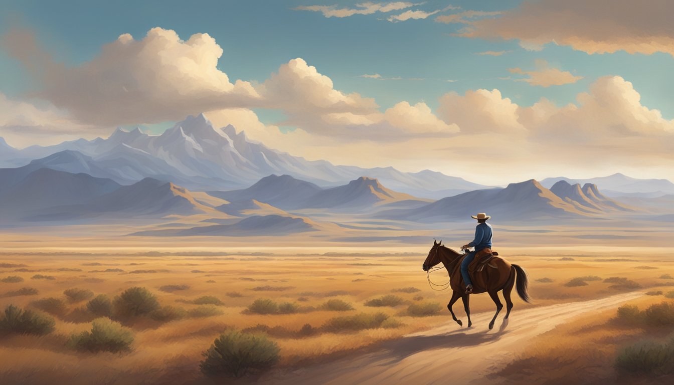 A lone cowboy rides across the vast Texas plains, with rugged mountains in the distance and a big sky overhead