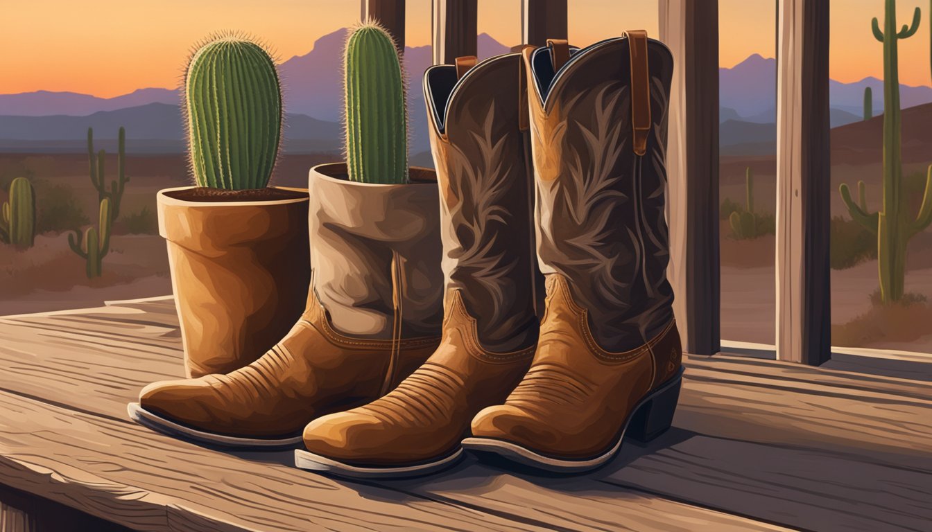 A pair of worn cowboy boots sit on a wooden porch, surrounded by leather conditioner, a brush, and a rag. The sun sets behind a lone cactus in the Texas desert