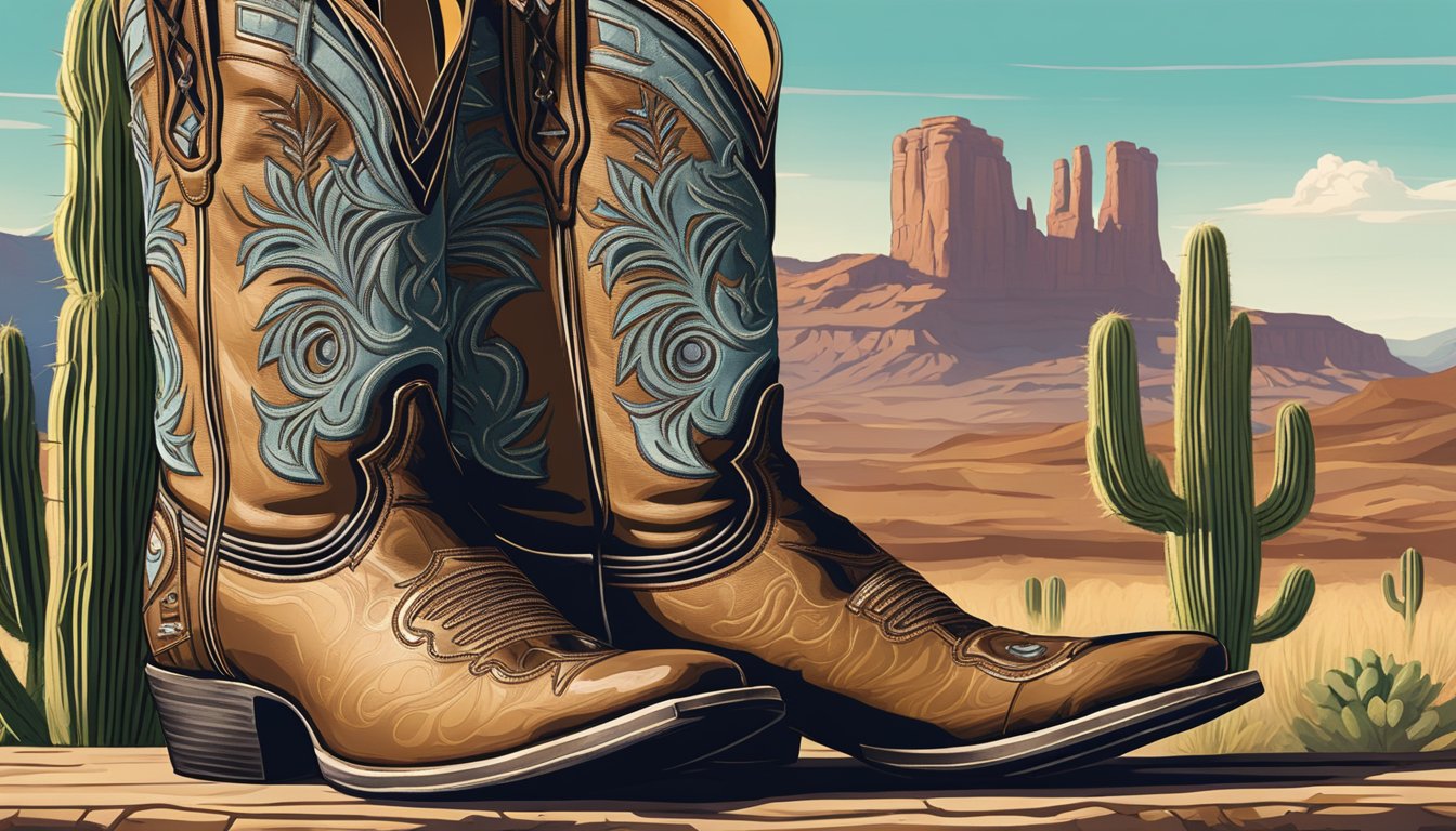 A pair of Texas cowboy boots adorned with intricate stitching and classic western design, set against a backdrop of rugged terrain and a lone cactus