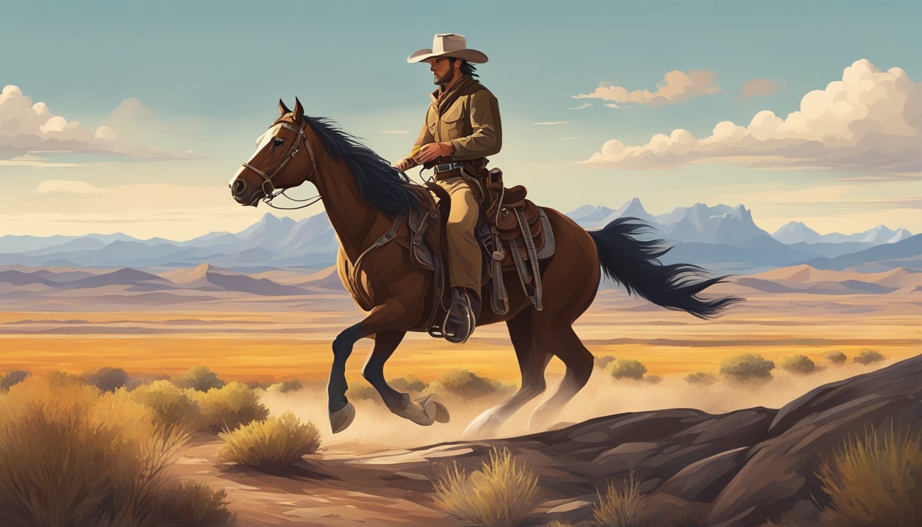 A lone cowboy rides through the rugged Texas landscape, surrounded by vast open plains and distant mountains, evoking the spirit of the Wild West