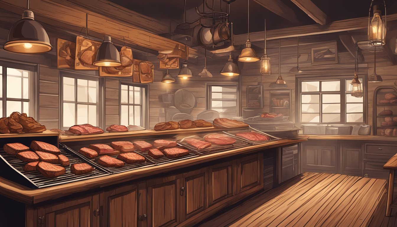 A rustic steakhouse with a cowboy hat hanging on the wall, a display of aged meat cuts, and a smoky aroma from the grill