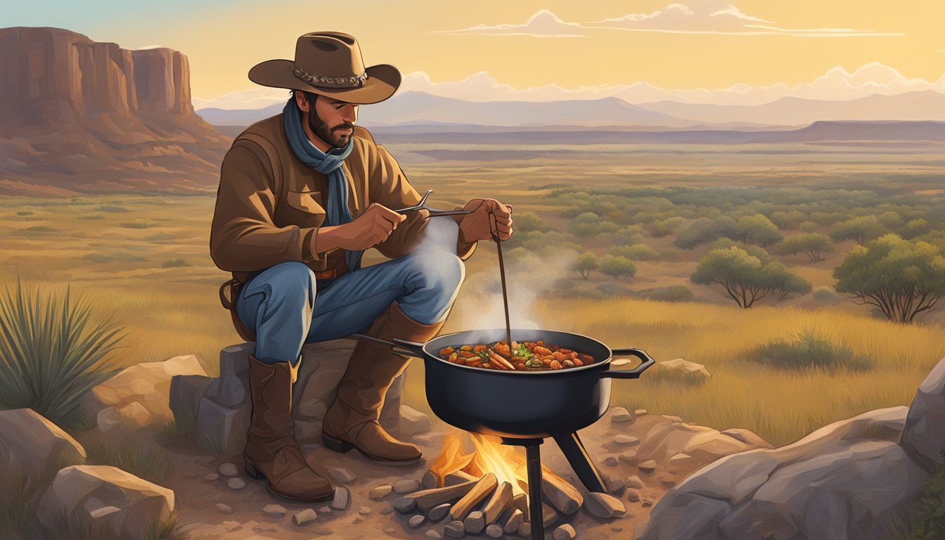 A cowboy stirring a pot of stew over a campfire, surrounded by the rugged landscape of the Texas plains