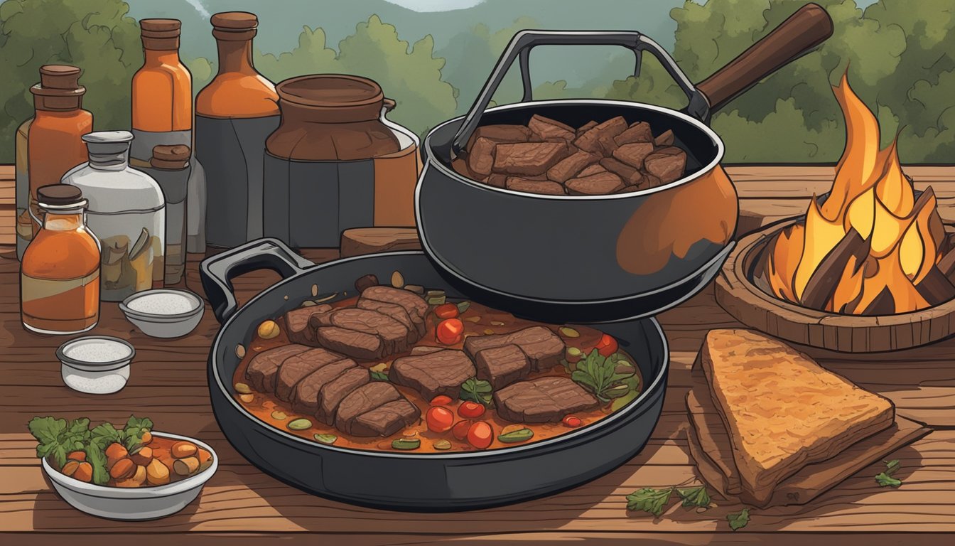 A bubbling pot over a campfire, filled with chunks of beef, beans, tomatoes, and spices, surrounded by a rustic wooden table with a bottle of hot sauce and a cast iron skillet