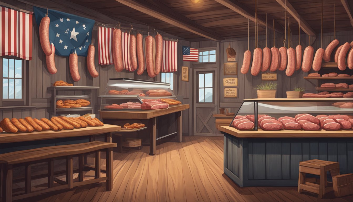 A rustic meat market with hanging sausages, aged cuts of beef, and a cowboy hat on a wooden counter. Lone Star flag hangs on the wall