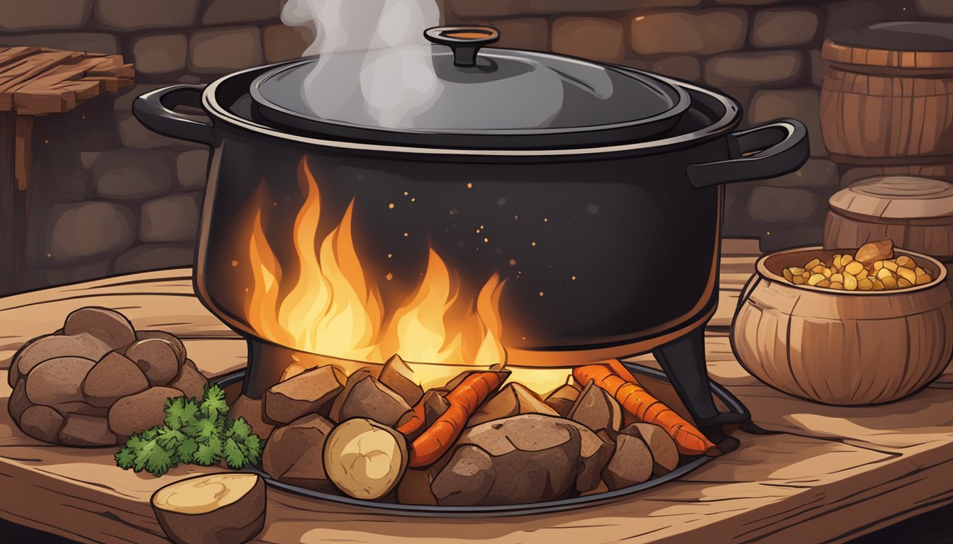 A large cast iron pot simmering over an open fire, filled with chunks of beef, potatoes, carrots, and onions in a rich, savory broth