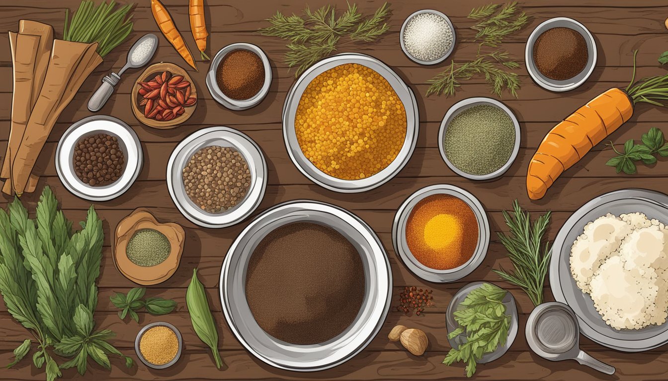 A rustic kitchen counter with an assortment of colorful spices, herbs, and fresh ingredients laid out for a Texas cowboy stew