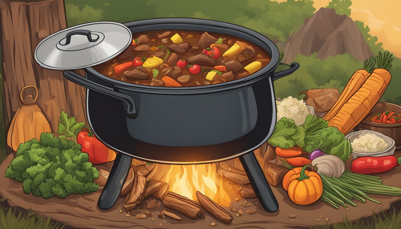 A pot of hearty Texas cowboy stew simmering over a crackling campfire, surrounded by an array of fresh vegetables, herbs, and spices