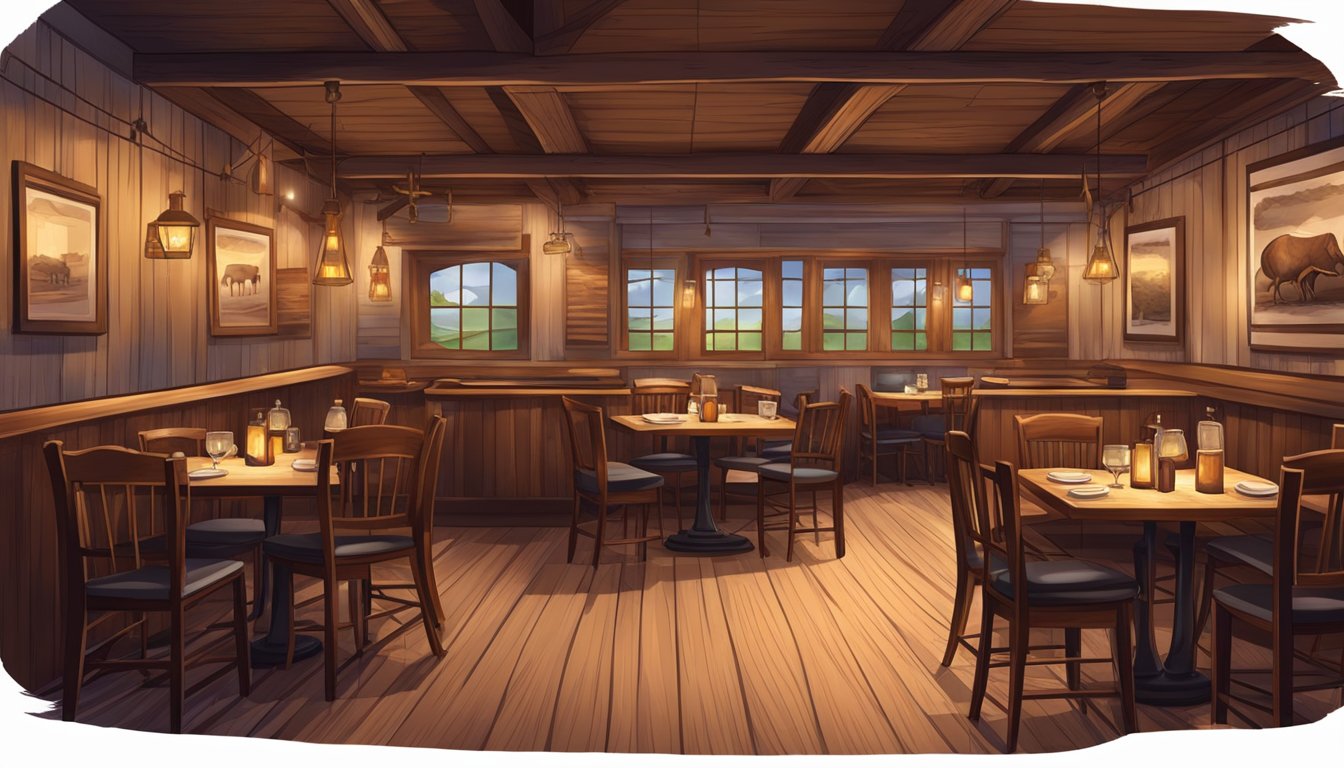 A rustic steakhouse with a welcoming atmosphere, featuring a display of aged meats and a cozy dining area with dim lighting and wooden accents