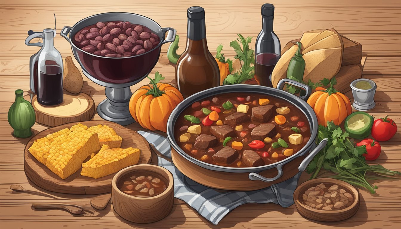 A rustic wooden table with a steaming pot of Texas cowboy stew, surrounded by a variety of fresh ingredients and a bottle of red wine