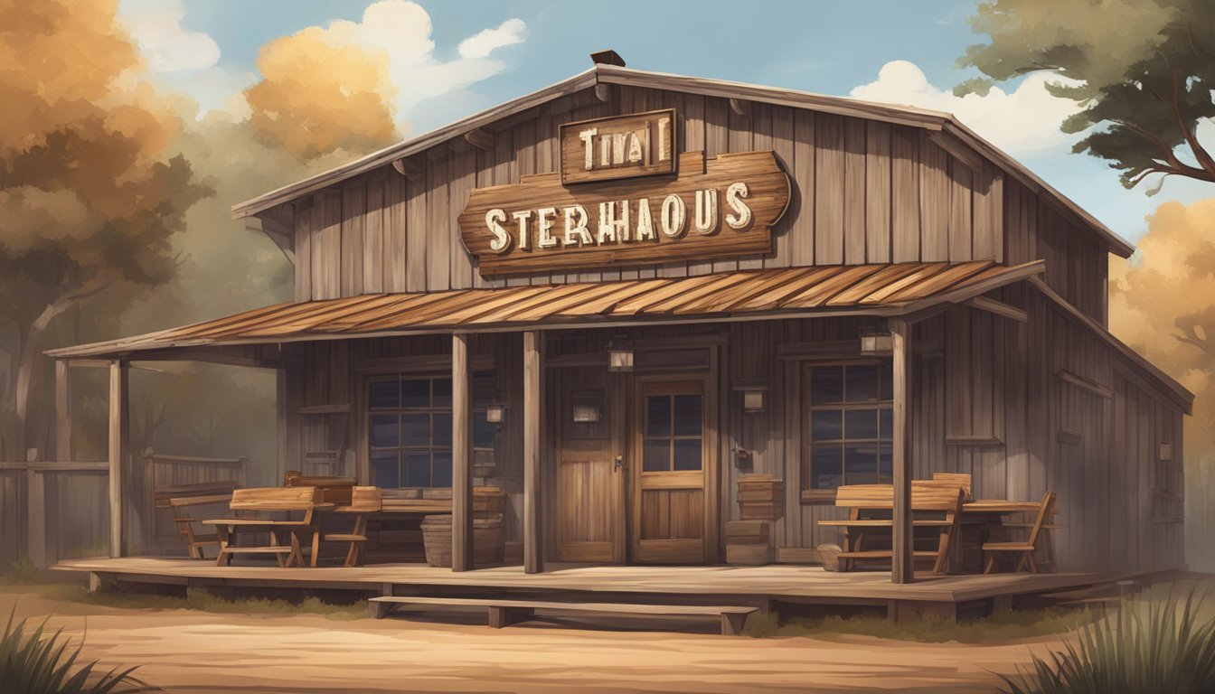 A rustic, Texas-style steakhouse with a weathered wooden exterior, a large sign bearing the name, and a welcoming atmosphere with the smell of sizzling meat in the air