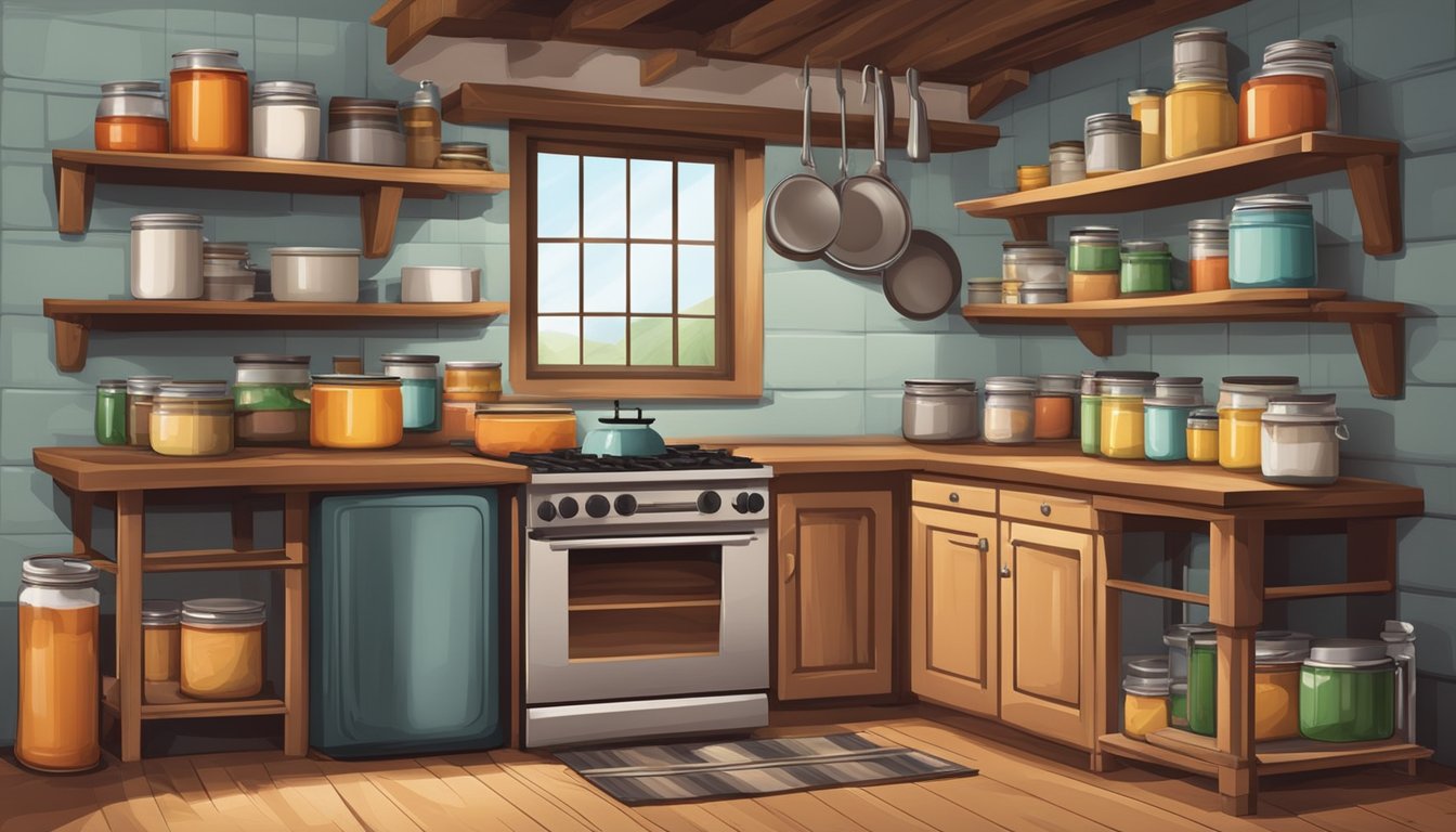 A rustic kitchen with shelves of canned goods and a pot of simmering stew on the stove