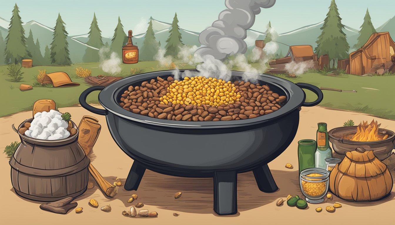 A bubbling cauldron over a campfire, surrounded by cowboy boots and hats. Ingredients like beans, corn, and chunks of meat are scattered around