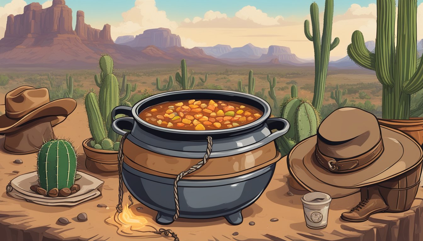 A bubbling cauldron of Texas cowboy stew surrounded by cowboy hats and a lasso, with a lone cactus in the background