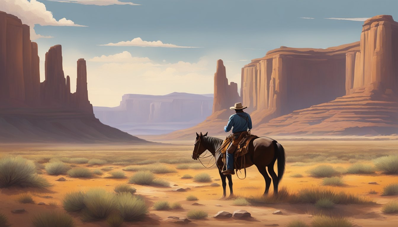 A lone cowboy rides through a rugged, untamed landscape, surrounded by towering mesas and sprawling prairies, symbolizing the harsh and unforgiving nature of the American frontier