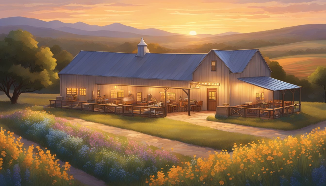 A rustic Texas brewery with a sprawling outdoor patio, surrounded by rolling hills and fields of wildflowers, with a warm, golden sunset casting a soft glow over the scene