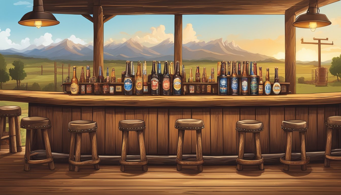 A rustic wooden bar with a row of Texas craft beer taps, surrounded by cowboy hats and leather boots, with a backdrop of the Texas countryside