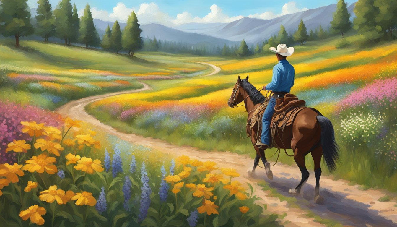 A lone cowboy rides through a field of wildflowers, with a backdrop of a rodeo garden and a trail stretching into the distance