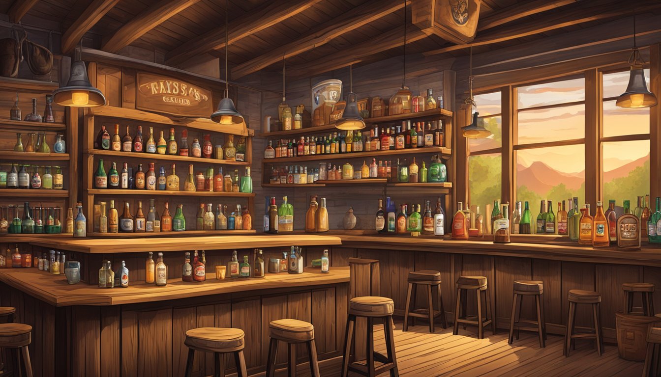 A rustic Texas saloon with shelves of craft beer and spirits, cowboy hats hanging on the wall, and a lively atmosphere