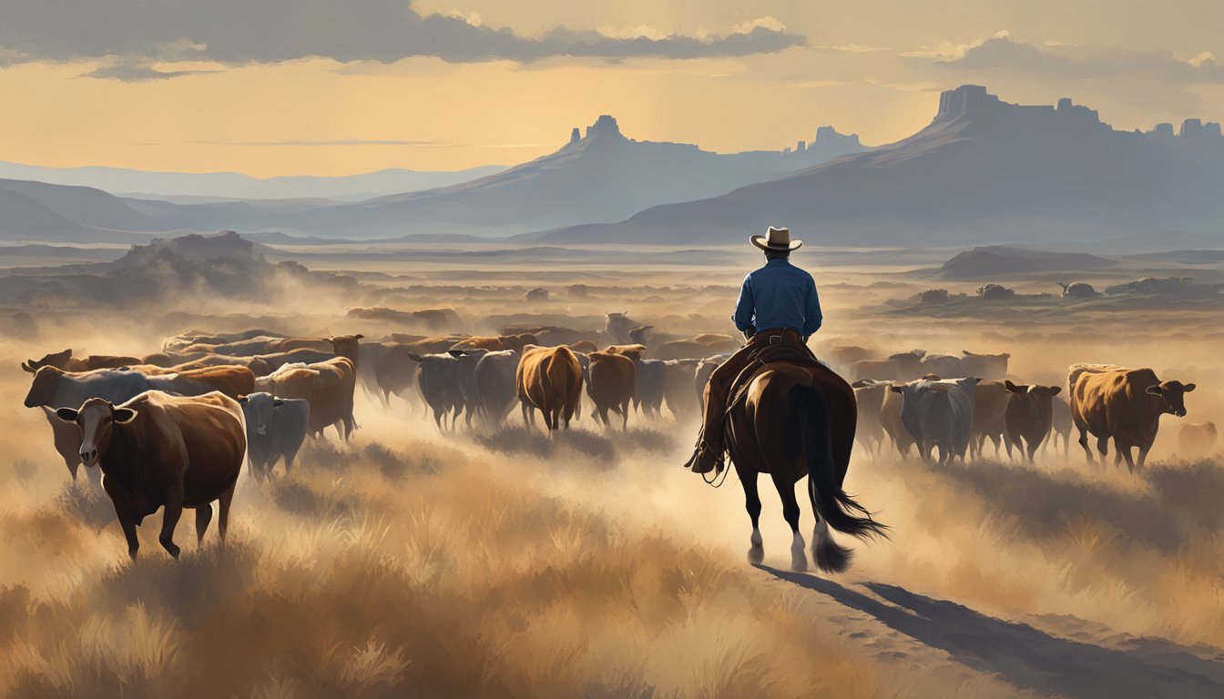 A lone cowboy rides through the rugged Texas landscape, herding cattle under the big open sky. The iconic image of the cowboy is captured in this scene, symbolizing the historical roots of Texas cowboy culture and its influence on modern western films