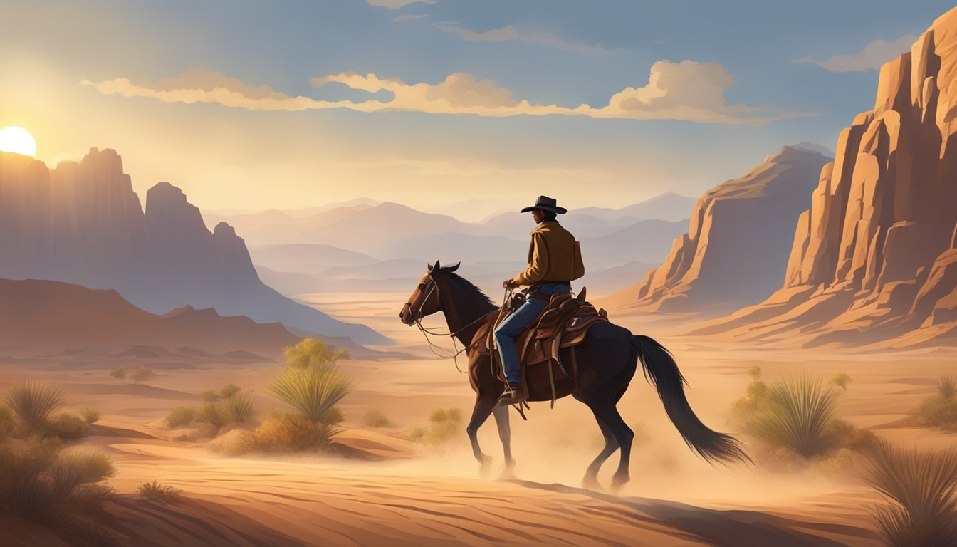 A lone cowboy rides through a dusty desert landscape, with rugged mountains in the background and a setting sun casting long shadows